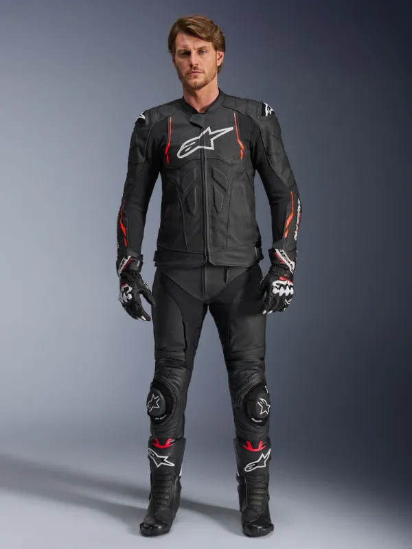 Alpinestars Dusk Airflow Leather Motorjas Black Red Fluo 1030> Motorjassen