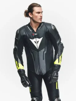 Dainese Misano 3 Perforated D-Air 1Pc Leather Suit Black/Anthracite/Fluo-Yellow><noscript><img width=