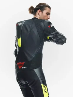 Dainese Misano 3 Perforated D-Air 1Pc Leather Suit Black/Anthracite/Fluo-Yellow><noscript><img width=