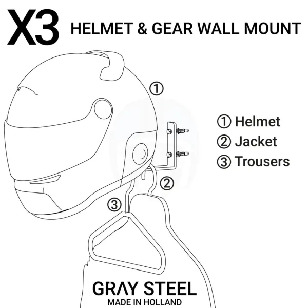 Gray Steel X3 Helmet & Gear wall mount Matt Black> Cadeaus Voor Motorrijders|Helm Houder & Kapstok
