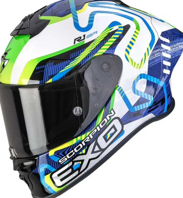 Scorpion EXO-R1 EVO II AIR Cornering White/Blue/Green> Integraalhelmen|Race Helmen